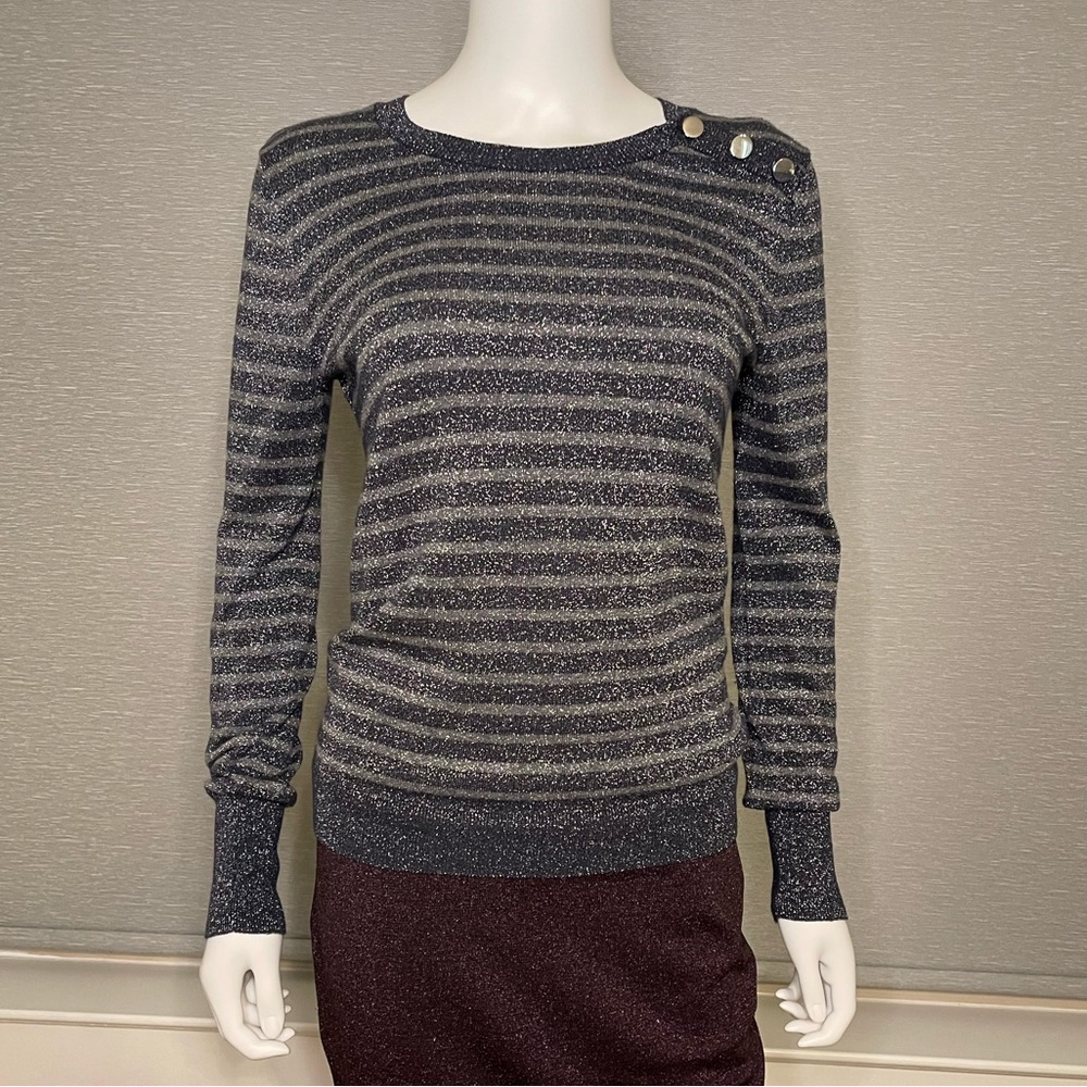 Hinge Metallic Crew Neck Sweater, Navy/Silver, Size Medium